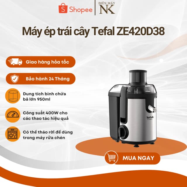 Máy ép trái cây Tefal ZE420D38 | Công suất 400W | Dung tích chứa bã 0.95 lít - Hàng Chính Hãng Bảo Hành 24 Tháng - Ảnh 2