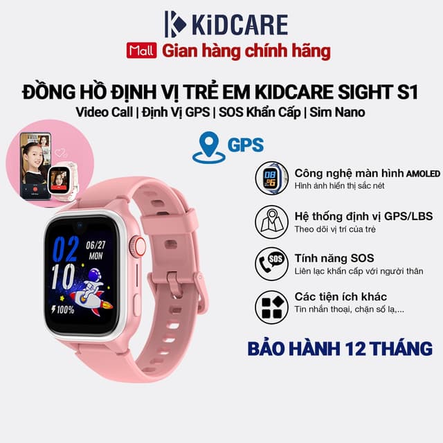 Đồng hồ định vị trẻ em Kidcare Sight S1 gọi video call |Định vị GPS| Quan sát từ xa - Màu hồng - Ảnh 9