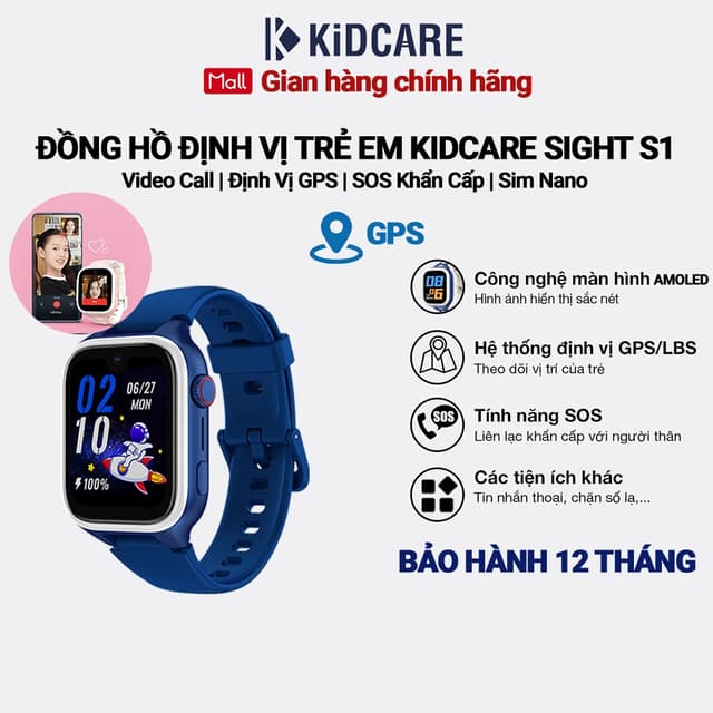 Đồng hồ định vị trẻ em Kidcare Sight S1 gọi video call |Định vị GPS| Quan sát từ xa - Màu xanh dương - Ảnh 3