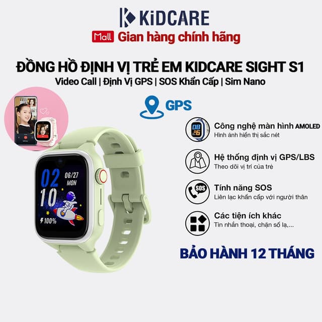Đồng hồ định vị trẻ em Kidcare Sight S1 gọi video call |Định vị GPS| Quan sát từ xa - Màu xanh lá - Ảnh 1