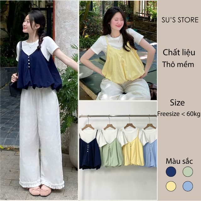 Set Yếm Nữ 2 Dây Dáng Bí Cúc Dọc Kèm Áo Thun Trơn (Có Bán Lẻ Yếm) Susstore S807 Thời Trang Nữ - Ảnh 5
