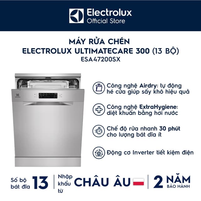 Free giao lắp - Máy rửa chén độc lập Electrolux 60 cm UltimateCare 300 cho 13 bộ chén đĩa ESA47200SX - Ảnh 3