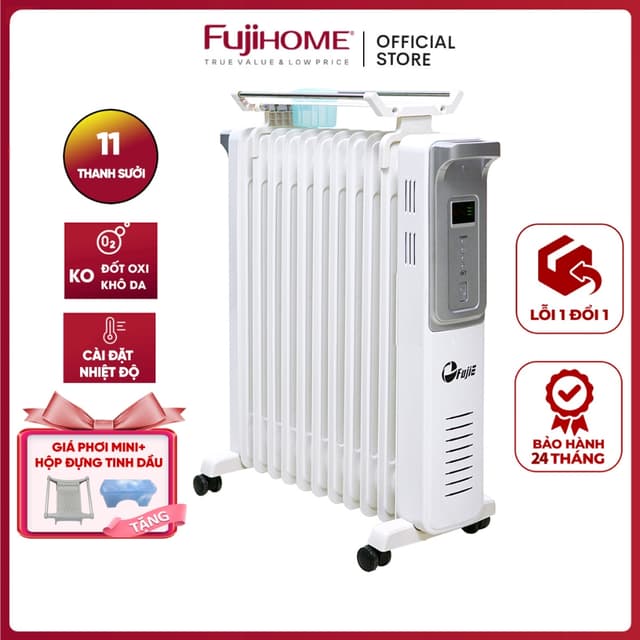 Máy sưởi dầu nhập khẩu không khô da FujiE OFR4411, máy sưởi điện tử 11 thanh tự ngắt không đốt oxi tiết kiệm điện - Ảnh 2