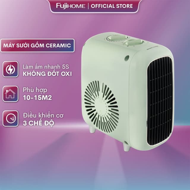 Máy sưởi gốm nhập khẩu không khô da Fujihome FH1200, quạt sưởi ấm mini tiết kiệm điện tự ngắt an toàn heaters - Ảnh 9