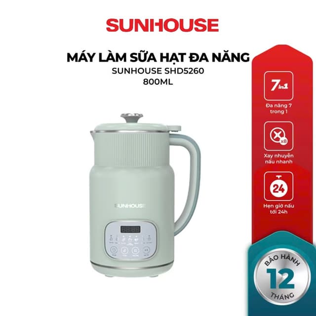 Máy làm sữa hạt đa năng Sunhouse SHD5260 - Dung tích 800ml - đa chức năng 7 trong 1 - Cối xay 2 lớp - Bảo hành 12 tháng - Ảnh 10