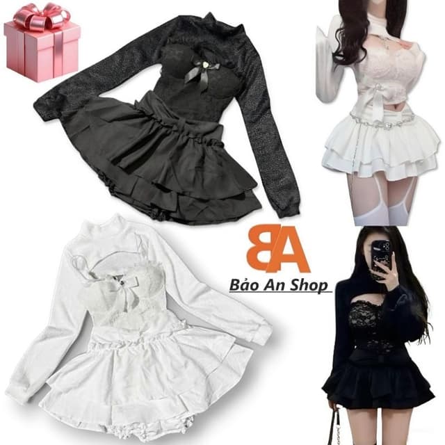 SB-23. Sét 3 món áo ống Ren kèm áo khoác Lông và chân váy 2 tầng nơ mới Chun Women Thun Nữ Top Kem Voi - Ảnh 10