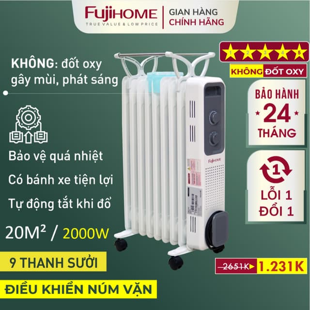 Máy sưởi dầu Nhập Khẩu không khô da OH849 FUJIHOME 9 thanh, lò sưởi dùng điện tự ngắt không đốt oxy - Ảnh 4