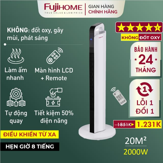 Máy sưởi gốm FH2000 FUJIHOME không khô da điều khiển từ xa, quạt sưởi ấm tiết kiệm điện mini - Ảnh 12