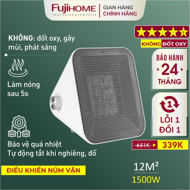 Quạt sưởi gốm FH1100 Nhập Khẩu không khô da FUJIHOME, máy sưởi ấm điện mini không đốt oxy cho bé - Ảnh 5