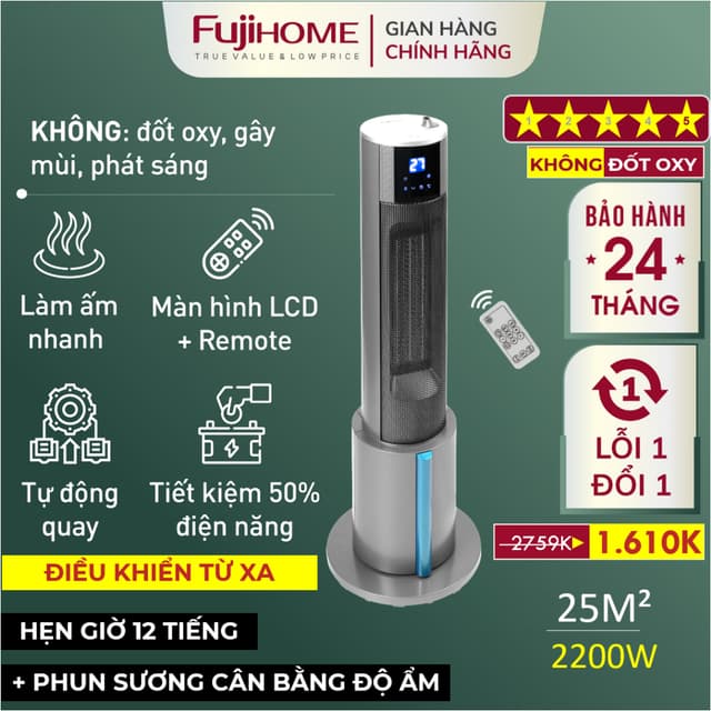 Máy sưởi gốm phun sương Nhập Khẩu FUJIHOME FH6000 điều khiển từ xa, quạt sưởi ấm tiết kiệm điện heater mini - Ảnh 7