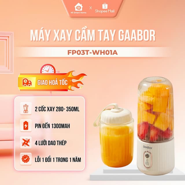 Máy xay sinh tố cầm tay Gaabor FP03T-WH01A dung tích cốc đôi 350ml + 280ml pin sạc cổng USB nhỏ gọn tiện lợi - Ảnh 10