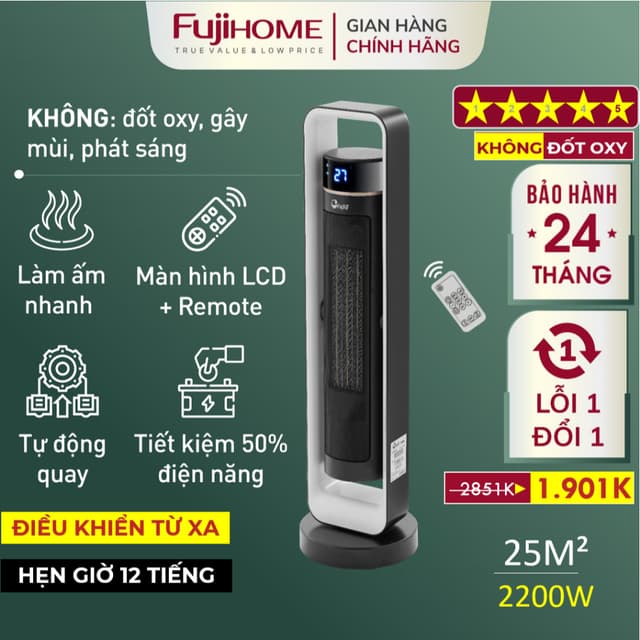 Máy sưởi gốm điều khiển từ xa FUJIE Nhập Khẩu CH-2400 không khô da, quạt sưởi ấm phòng tiết kiệm điện heater mini - Ảnh 3