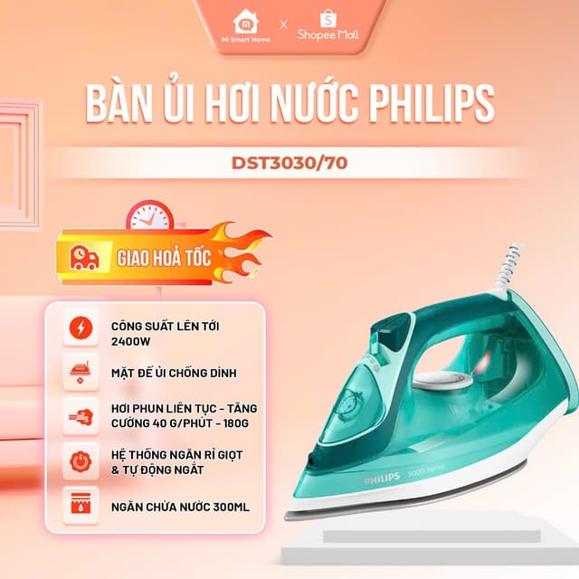 Bàn ủi hơi nước Philips DST1040/30-DST2020/80, Công suất 2000W, Mặt đế ủi chống dính, Tự ngắt an toàn,  Bảo hành 24T - Ảnh 1