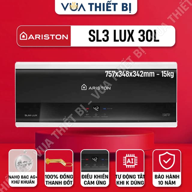 30L | ARISTON SLIM3 LUX 30 Lít Ag+ ngang - Bình nóng lạnh gián tiếp điện tử SL3 VN 2.5FE 2500W - Ảnh 1
