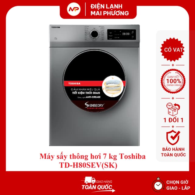 [FREE SHIP+ LẮP ĐẶT HN] Máy sấy thông hơi 7 kg Toshiba TD-H80SEV(SK) - Bảo hành 24 tháng - Ảnh 2