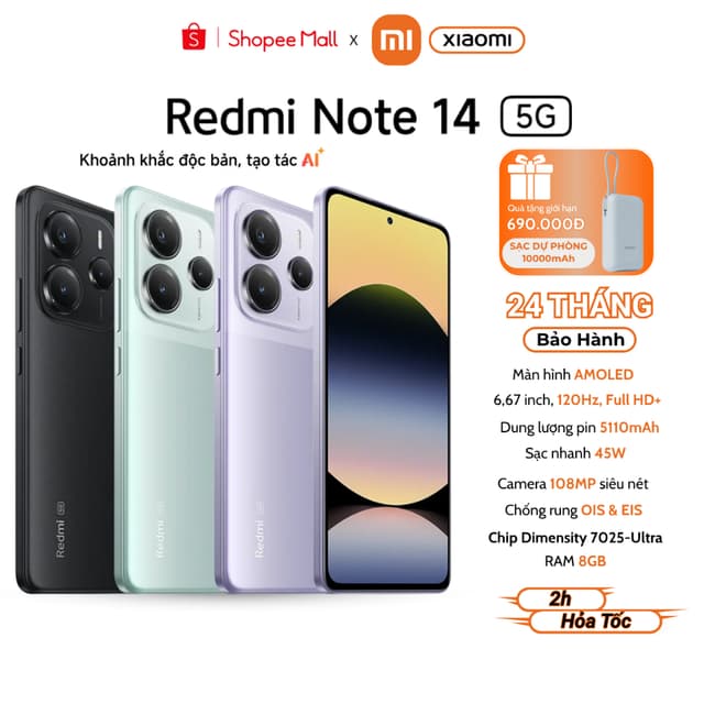 [Tặng Pin Dự Phòng] Điện thoại Xiaomi Redmi Note 14 5G 8GB/256GB - Hàng chính hãng - Bảo hành 24 tháng - Ảnh 11