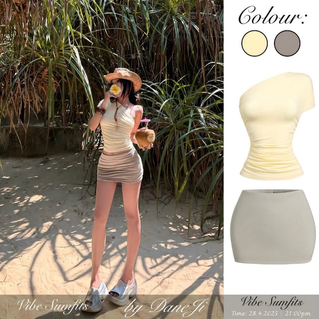 [ 𝐕𝐈𝐁𝐄 𝐒𝐔𝐌𝐅𝐈𝐓𝐒 ] Set áo thun lệch vai Slimfit DANEJI nhún eo - Chân váy mini skirt Sữa hạt xám pastel MÙA HÈ - Ảnh 11