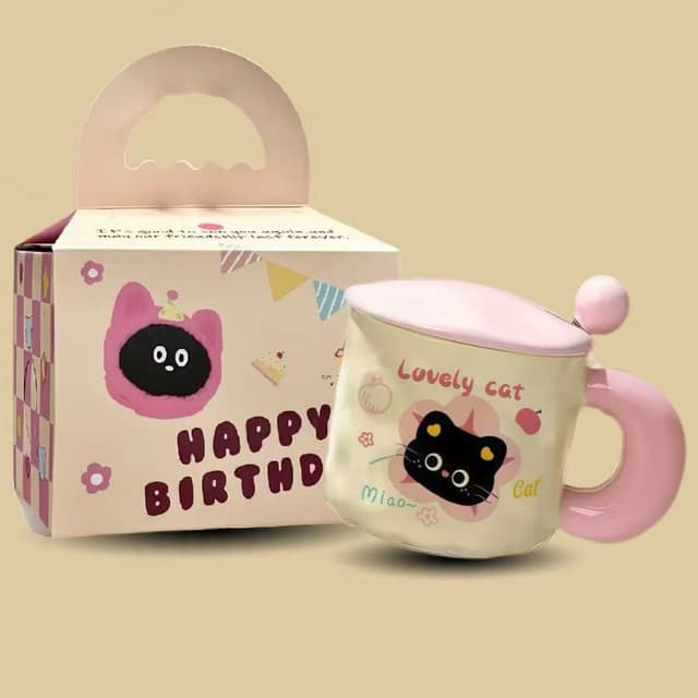 Quà tặng cốc sứ Ly sứ có nắp hình “Mèo sinh nhật” 400ml thích hợp làm quà tặng đi kèm có muỗng chất lượng cao cấp - Ảnh 3