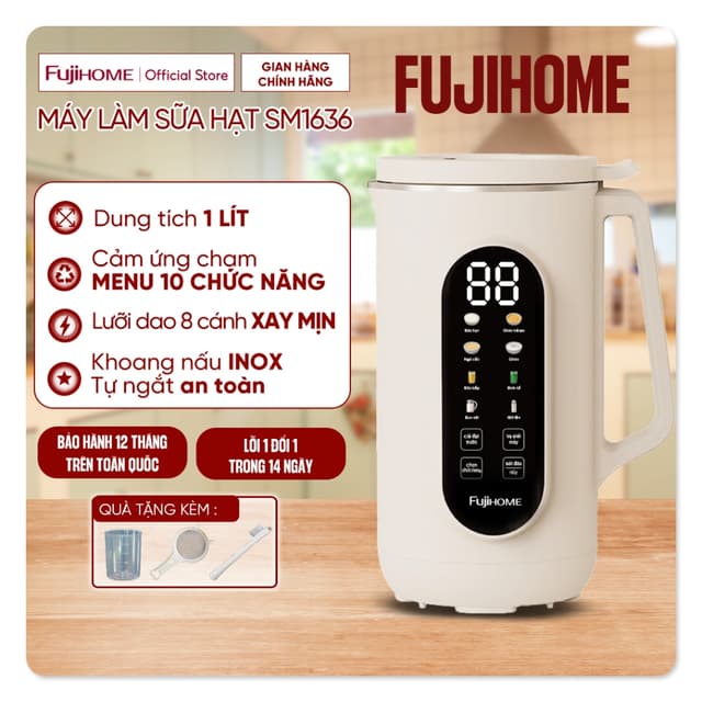 Máy làm sữa hạt dung tích 1L 10 chức năng Fujihome SM1636, Máy xay nấu đa năng, máy xay sinh tố, nấu cháo súp hầm, đun - Ảnh 8