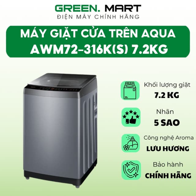 Máy giặt Aqua 7.2 kg AWM72-316K(S) | Máy giặt cửa trên công nghệ giặt lưu hương mâm giặt kháng khuẩn - Ảnh 5