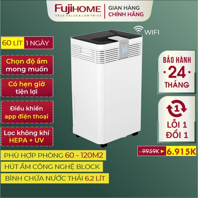 Máy hút ẩm lọc không khí 60L FUJIHOME DH60W-HEPA Nhập Khẩu - Ảnh 6