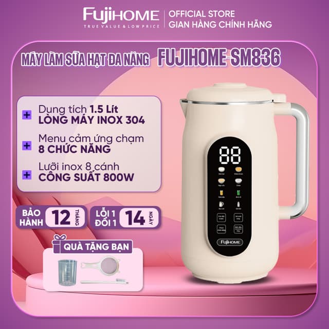 Máy làm sữa hạt đa năng Fujihome SM836 dung tích 1,5 Lít 8 chức năng nấu cháo, sinh tố, đun sôi điều khiển cảm ứng - Ảnh 4