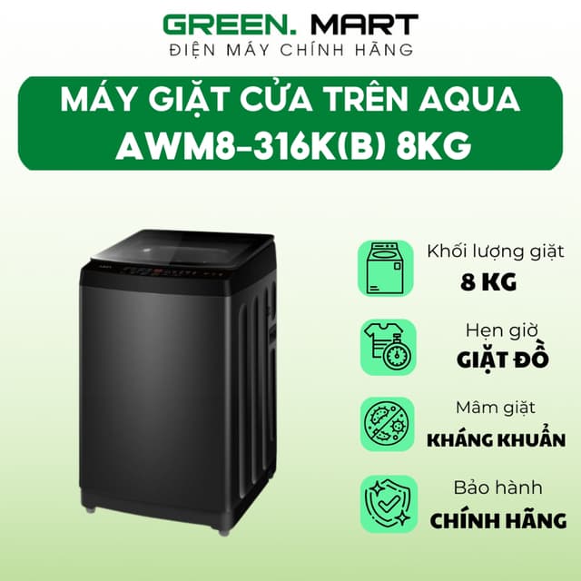 Máy giặt cửa trên Aqua 8 kg AWM8-316K(B) | Máy giặt lồng đứng công nghệ giặt Aroma giúp quần áo thơm - Ảnh 11