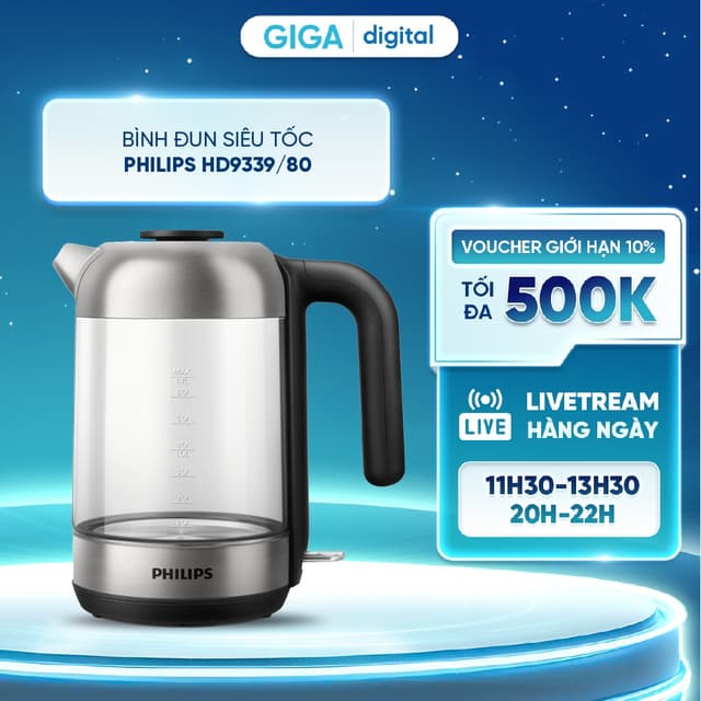 Ấm siêu tốc/ Bình đun siêu tốc Philips HD9339/80 - Công suất: 1850-2200W - Bình đun bằng thủy tinh - nhẹ, 1,7 lít - Ảnh 12
