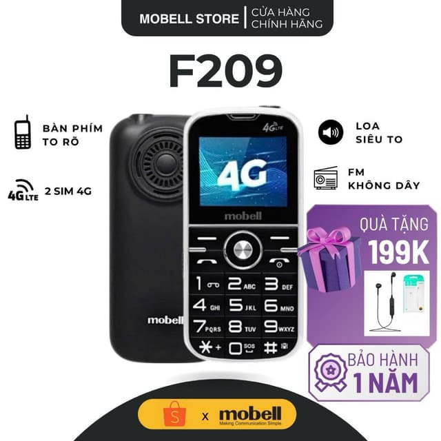 Điện Thoại Mobell F209 Phổ Thông Chính Hãng – Pin Khủng, 2 SIM, 4G, Bàn Phím Lớn Cho Người Già - Ảnh 1