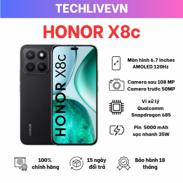 Điện thoại HONOR X8c 8GB + 256/512GB | Camera 108MP| Kháng bụi và nước| Snapdragon 685 | Pin 5000mAh | BH 18 Tháng - Ảnh 1