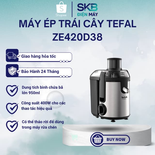 Máy ép trái cây Tefal ZE420D38 | Công suất 400W | Dung tích chứa bã 0.95 lít - Hàng Chính Hãng Bảo Hành 24 Tháng - Ảnh 1