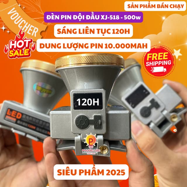 [ Loại 1] Đèn đội đầu siêu sáng XJ-518 PIN 10.000Mah sáng liên tục 120h - Ảnh 4