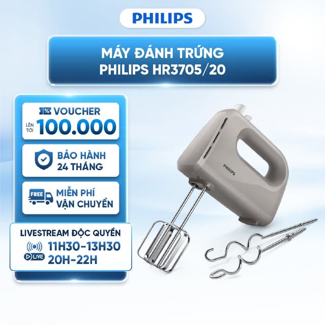 Máy đánh trứng Philips HR3705/20 - Công suất 300W- Đánh trứng/ Đánh kem/ Đánh bột - 5 tốc độ quay - Bảo Hành 24 Tháng - Ảnh 9