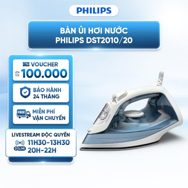 Bàn ủi hơi nước Philips DST2010/20 2000W - Bình chứa 250ml - Mặt đế Ceramic chống dính - Nút trượt xả cặn - BH 24 Tháng - Ảnh 12