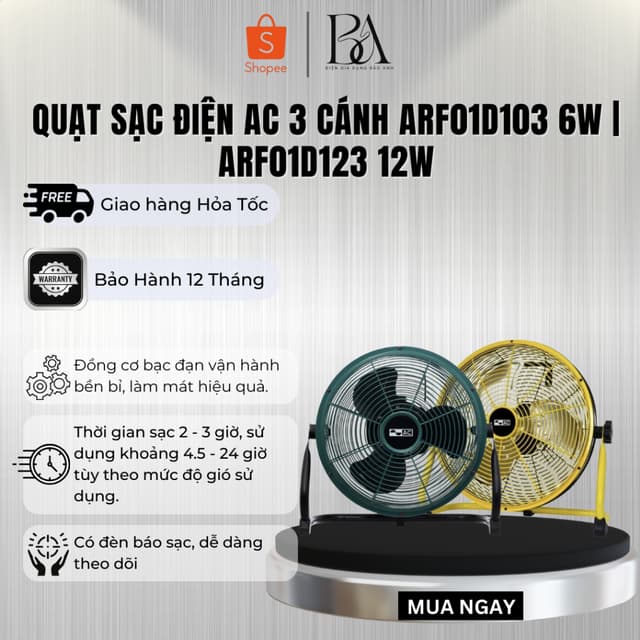 Quạt sạc điện AC 3 cánh ARF01D103 6W | ARF01D123 12W - Bảo hành 12 tháng - Ảnh 3