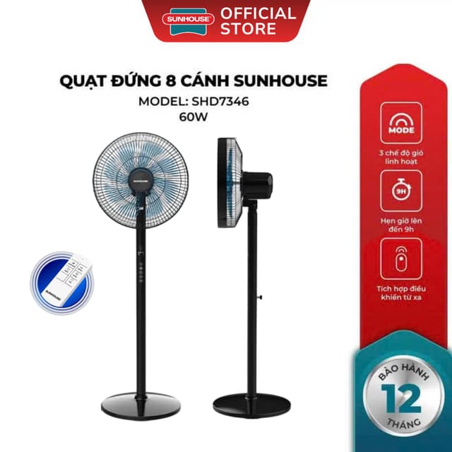 Quạt Đứng 8 Cánh Sunhouse SHD7346 - 60W, Có Điều Khiển Từ Xa, Chế Độ Gió Tự Nhiên, Bảo Hành 12 Tháng - Ảnh 12