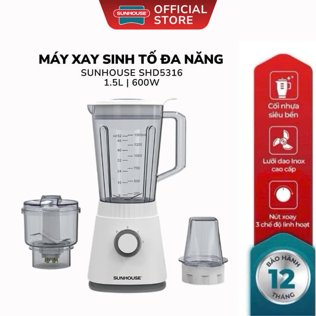 Máy Xay Sinh Tố Đa Năng 1.5L Sunhouse SHD5316 - Bộ 3 Cối Tiện Lợi, Bảo Hành 12 Tháng - Ảnh 5