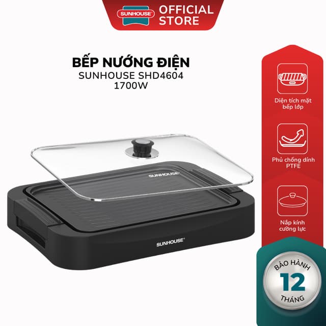 Bếp Nướng Điện Sunhouse SHD4604 - 1700W, Có Nắp Kính, Diện Tích Mặt Bếp Lớn, Bảo Hành 12 Tháng - Ảnh 7