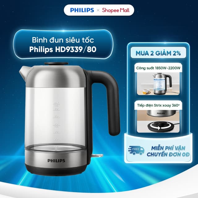 Bình đun siêu tốc Philips HD9339/80 - Công suất: 1850-2200W - Bình đun bằng thủy tinh - nhẹ, 1,7 lít - Ảnh 12