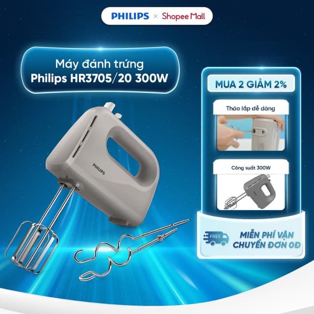 Máy đánh trứng Philips HR3705/20 300W- Đánh trứng/ Đánh kem/ Đánh bột - Ảnh 7