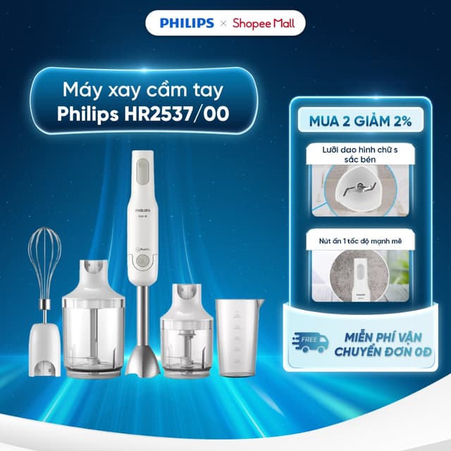 Máy xay cầm tay Philips HR2537/00 - HR2531/00 - Công suất 650W - 1 cốc, 2 cối - Bảo hành 24 tháng - Ảnh 3