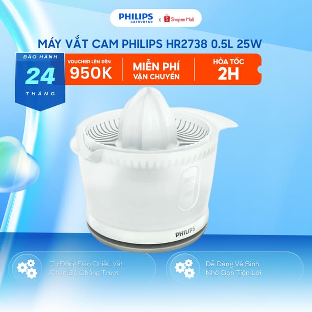 Máy Vắt Cam PHILIPS HR2738 0.5L (25W) - Vắt Đảo Chiều Lấy Trọn Nước Cam, Nhỏ Gọn Dễ Vệ Sinh - Ảnh 9