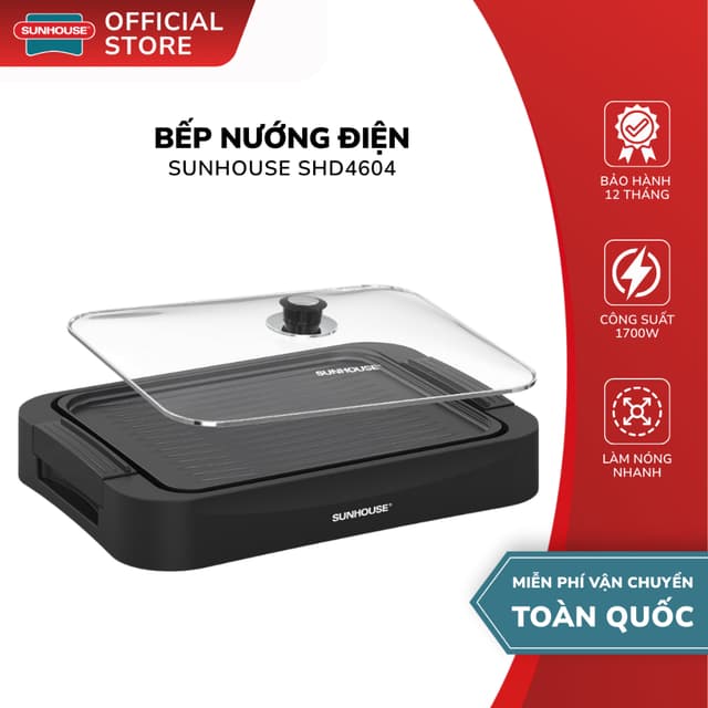 Bếp Nướng Điện Sunhouse SHD4604 - Bảo Hành 12 Tháng, 1700W, Nắp Kính Cường Lực,Phủ Chống Dính PTFE - Ảnh 12