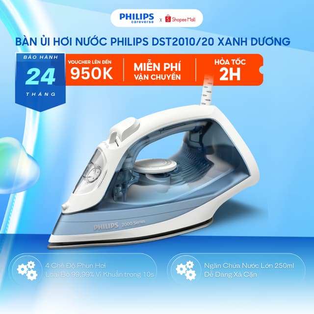 Bàn Ủi Hơi Nước Philips DST2010/20 2000W - 4 Chế Độ, Mặt Đế Ceramic Chống Dính, Công Suất Lớn - Ảnh 5