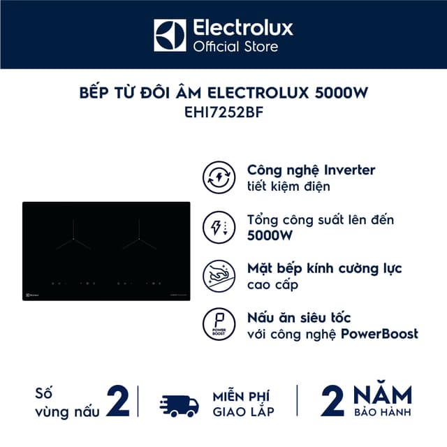 Free giao lắp - Bếp từ đôi âm Electrolux EHI7252BF - 5000w, Công nghệ Inverter, PowerBoost tăng nhiệt nhanh - Ảnh 1