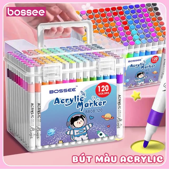 Bộ 12/24/36/48/60/80/120 Màu Acrylic Maker Bossee Ngòi Đầu Tròn, Bút Sơn Màu Tươi Sáng Không Lem - Ảnh 5
