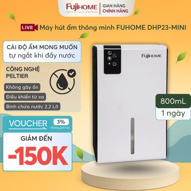 Máy hút ẩm mini phòng ngủ FUJIHOME DHP23-MINI, máy khử ẩm không khí tủ quần áo công suất lớn - Ảnh 10