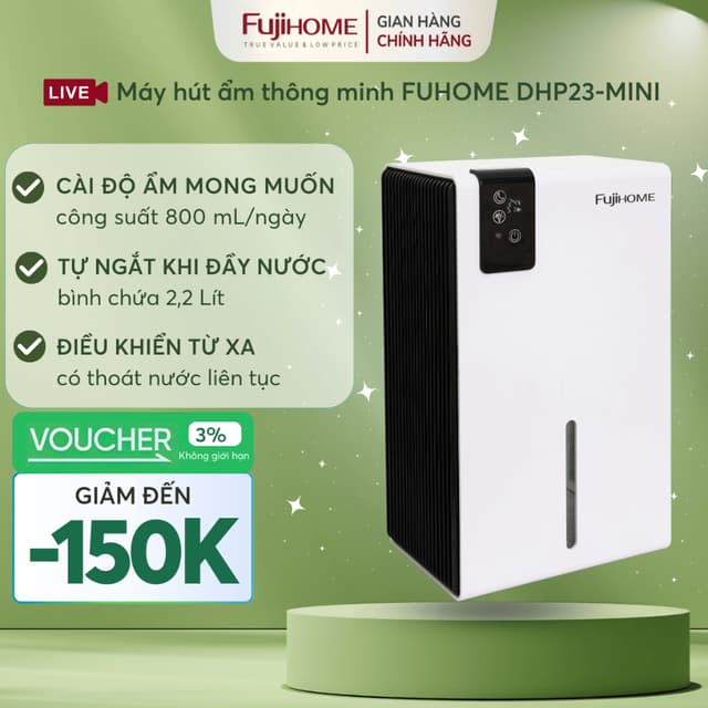 Máy hút ẩm mini phòng ngủ tiết kiệm điện FUJIHOME DHP23-MINI, máy khử ẩm gia đình nhỏ gọn chống nồm - Ảnh 5
