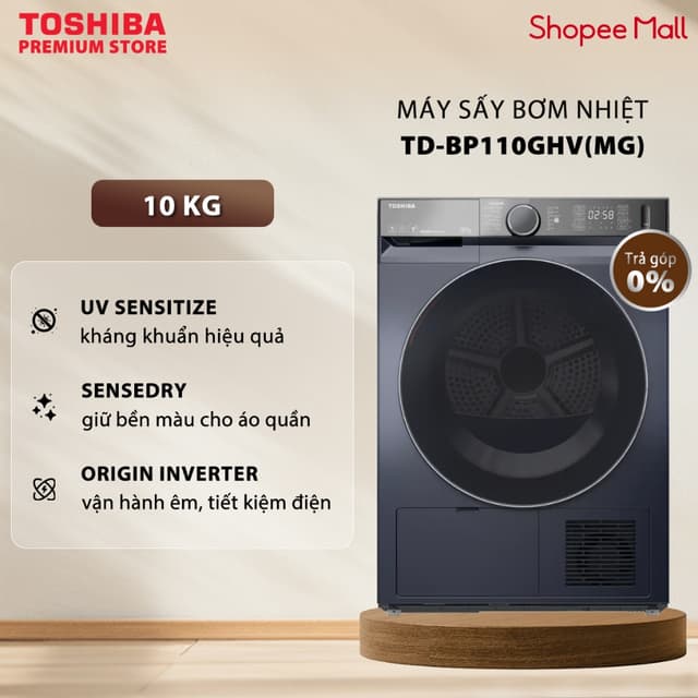 Máy Sấy Bơm Nhiệt Toshiba 10 kg TD-BP110GHV(MG) - Sấy Khô Hiệu Qủa - Tiết Kiệm Điện - Bảo Hành Chính Hãng - Ảnh 1