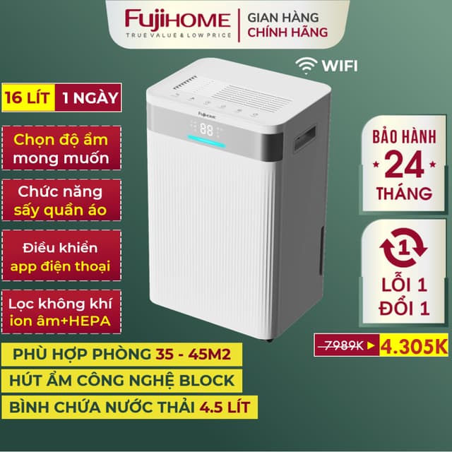 Máy hút ẩm lọc không khí Nhập Khẩu FUJIHOME DH16NW-HEPA, máy hút ẩm 16L HEPA chống nồm gia đình - Ảnh 3